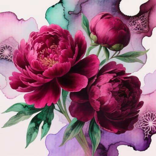 Bold Magenta Peonies Watercolor Ink Fluid Organic Shapes