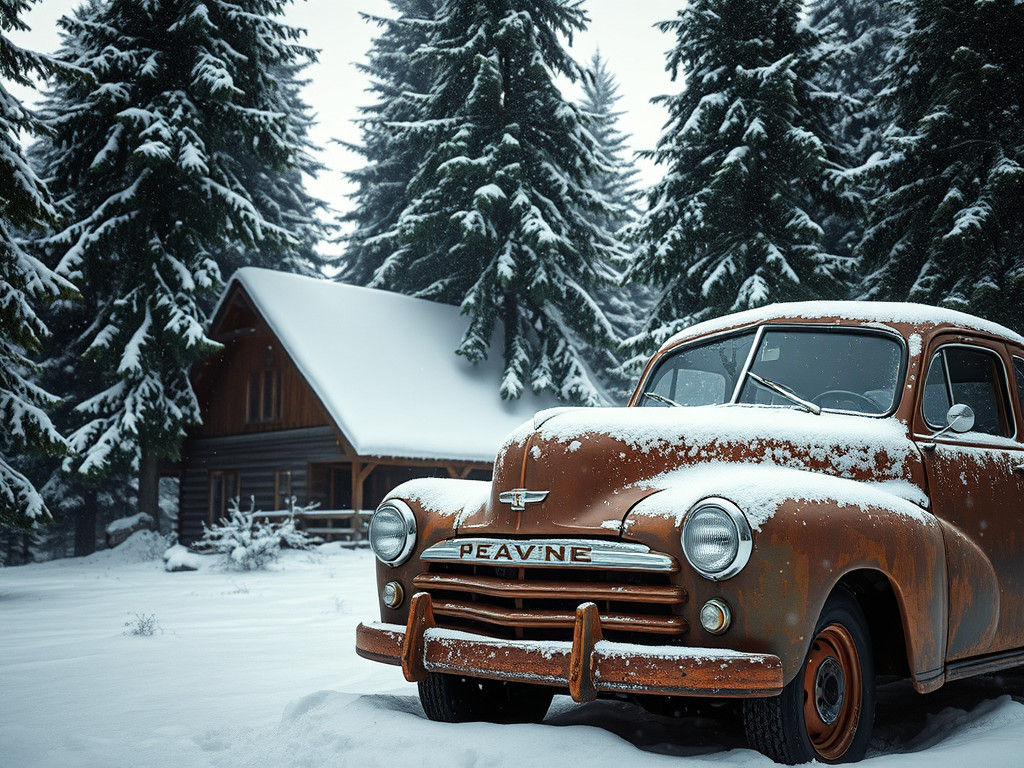 Snowy Cabin with Vintage Car: Photorealistic 8K