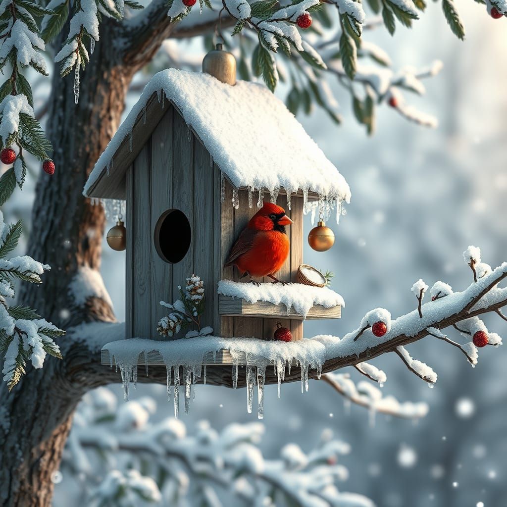 Winter Wonderland Birdhouse in Majestic 8k Matte Painting St...