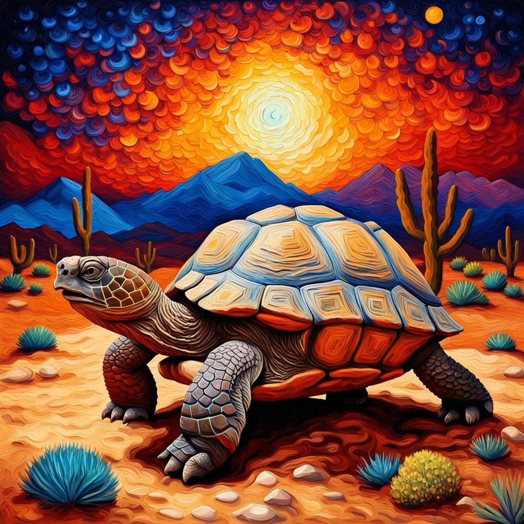 Desert Tortoise Under Starry Sky: Impasto Oil Painting
