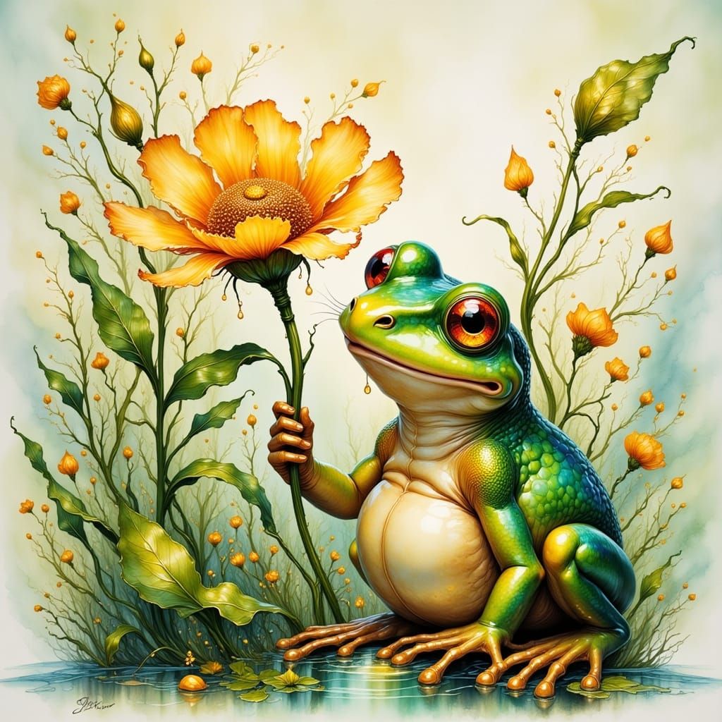Frog with Flower in Fantasy Ink Style