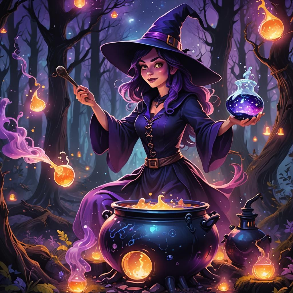 Cartoon Witch Brewing Potion in Dark Forest