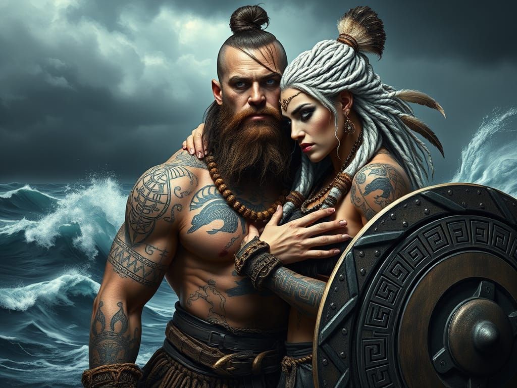 Viking Lovers Embrace in Gothic Norse Style