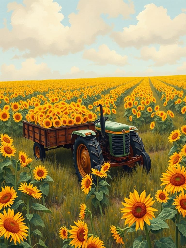 Tractor in Sunflower Field as Gouache Impasto Painting