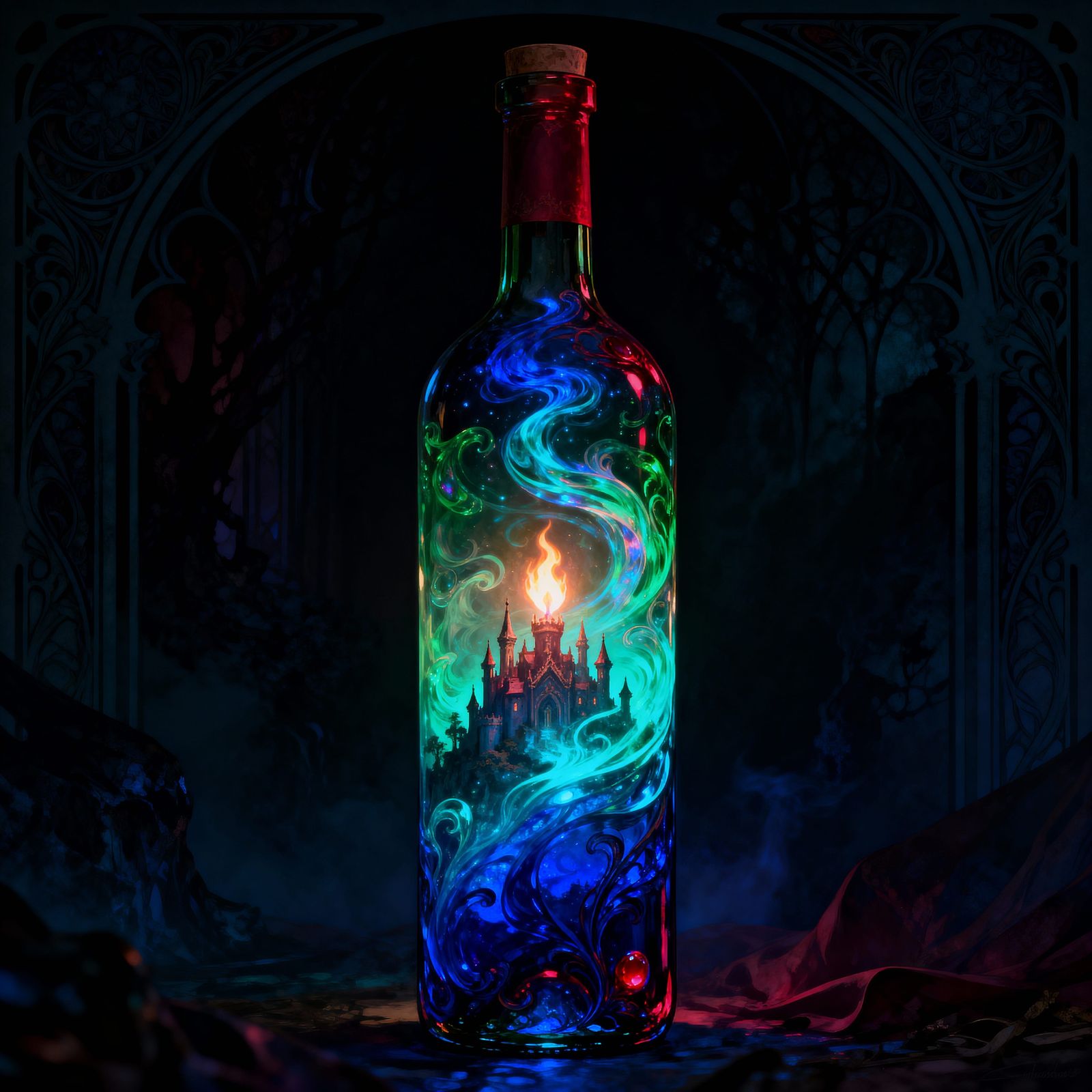 Ornate Wine Bottle with Mystical Liquid and Castle Motifs