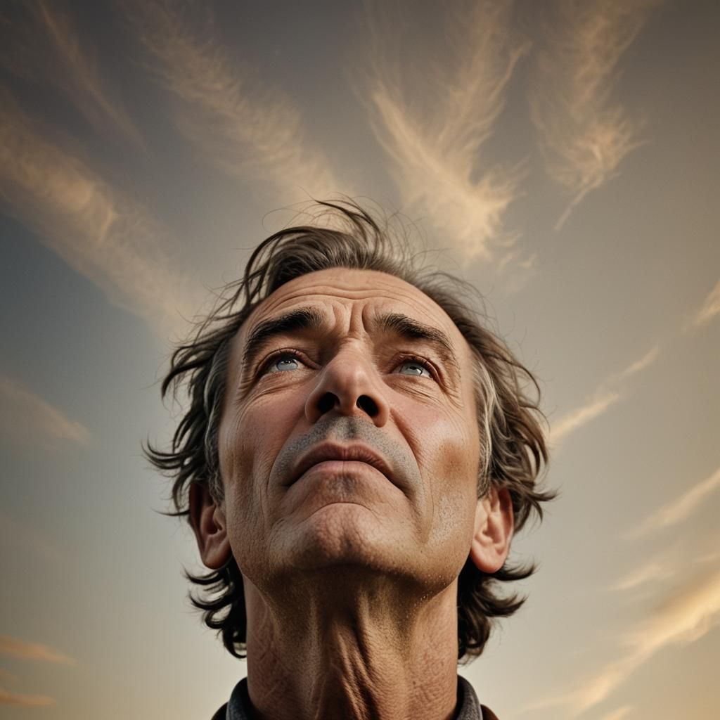 Inspirational Portrait of Man Looking Up to the Sky