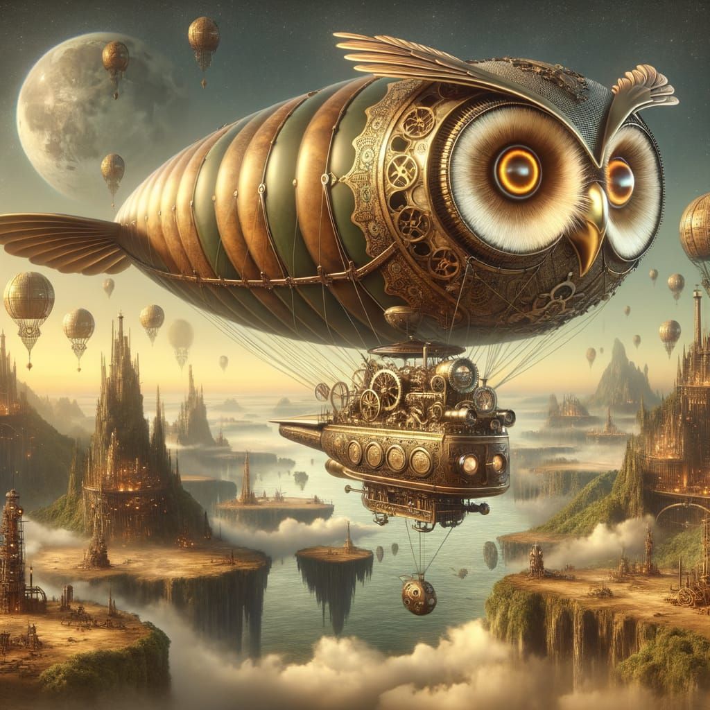 Steampunk Owl Dirigible Soaring Through Clockwork Sky