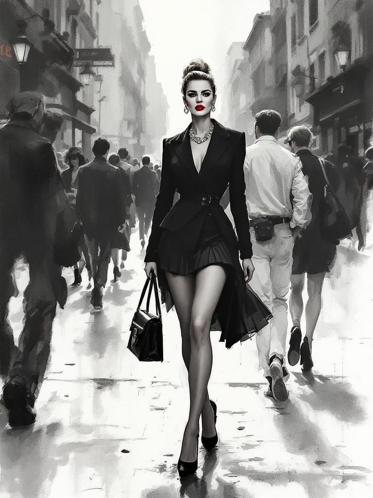 Fashion Editorial: Pin-Up Woman on City Sidewalk