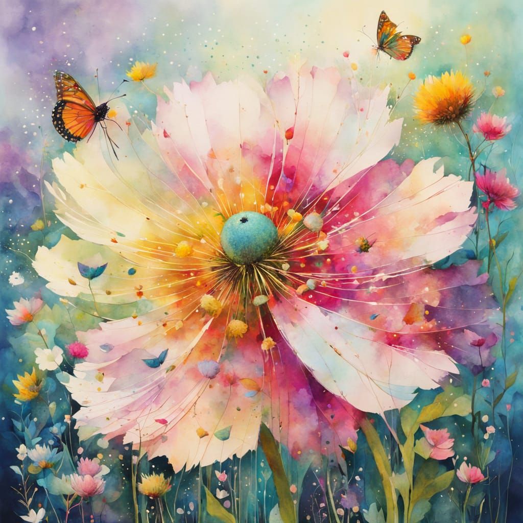 Surreal Wildflower Illustration with Cubist Details