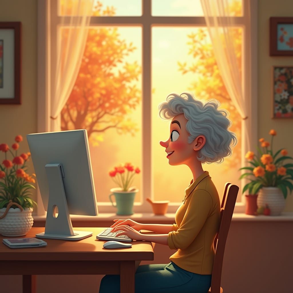 Cartoonish Elderly Woman Plays Computer in Fall Scene
