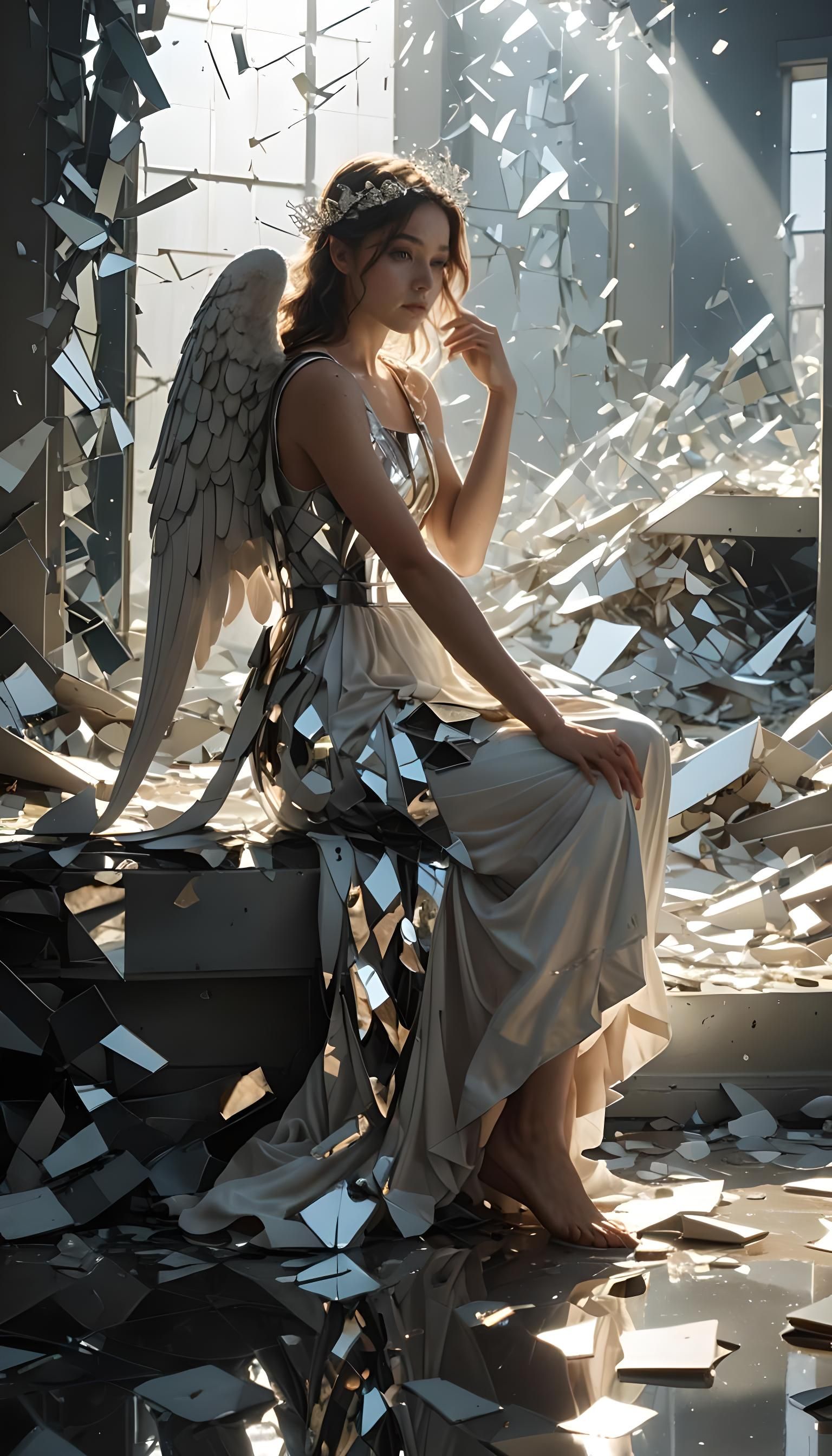 Angel in Shattered Mirror Room with Sunlight
