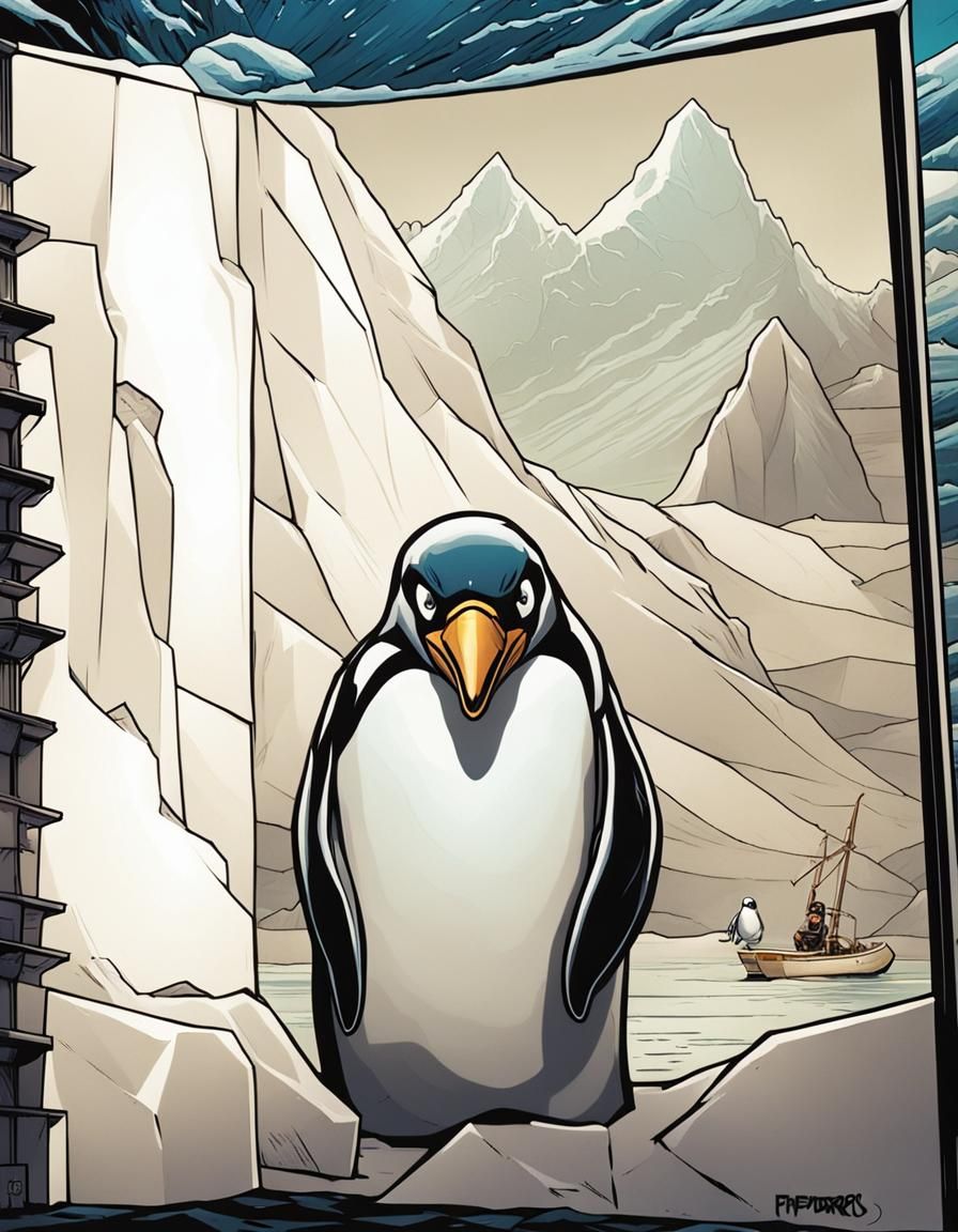 Penguin on Iceberg in Comic Book Style