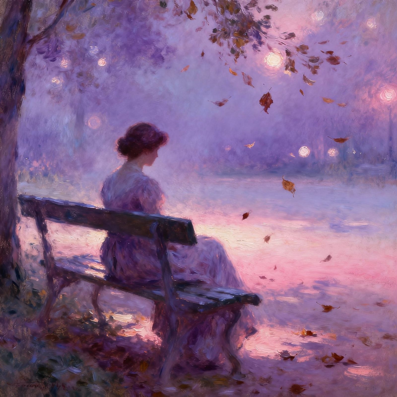 Twilight Reflection: Figure on Bench in Impressionist Style