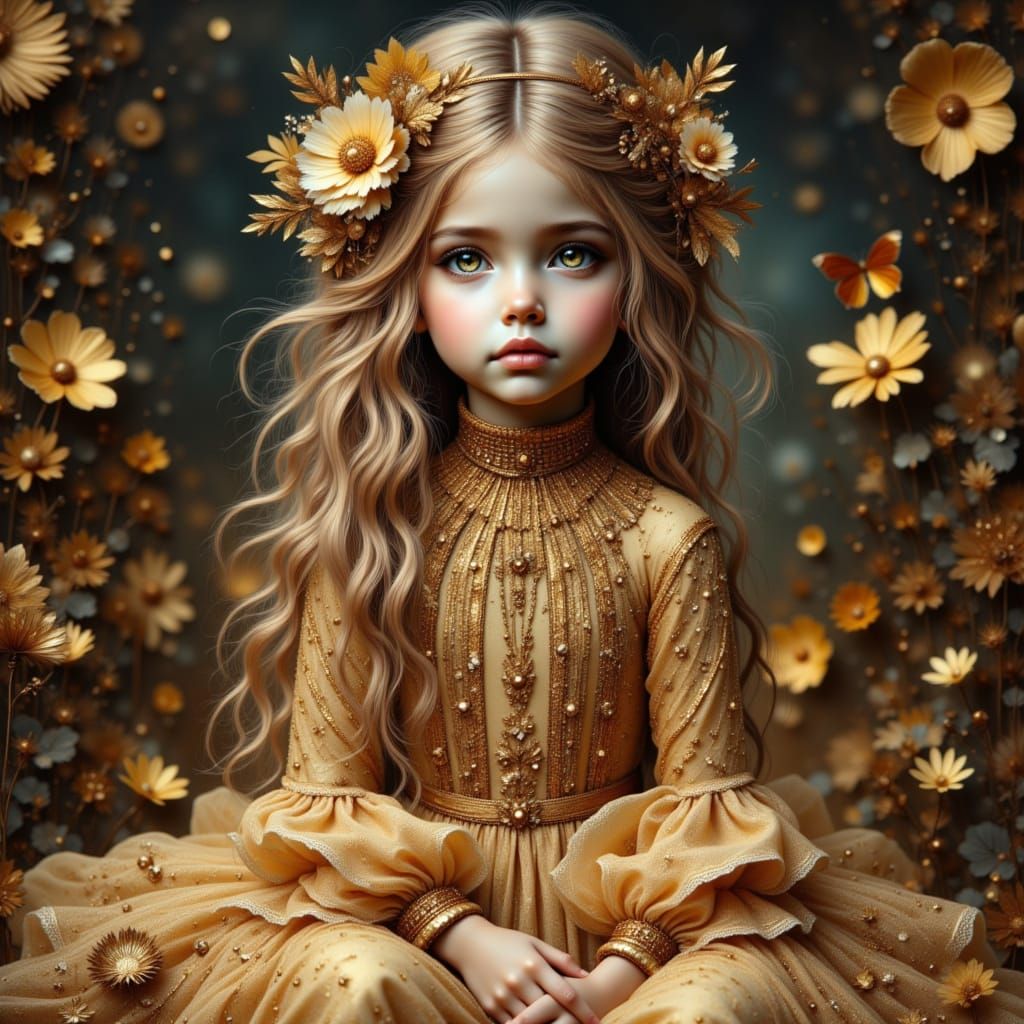 Toddler in Gold Lace Dress with Beaded Headband