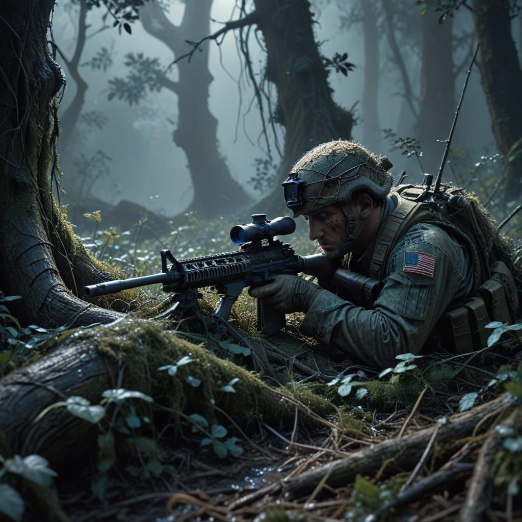 Marine Sniper in Ghillie Suit, Oil Painting