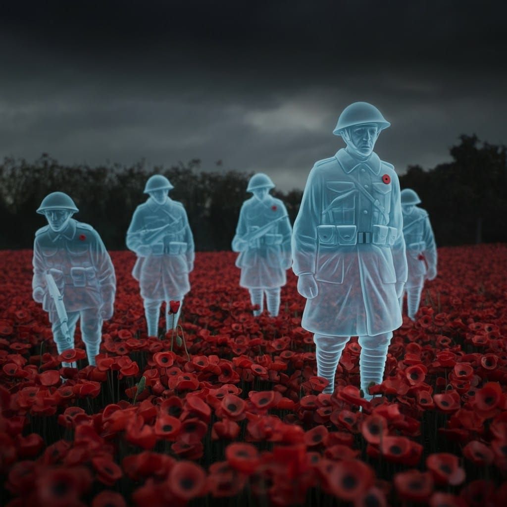 Solemn Translucent Soldiers in Poppy Field