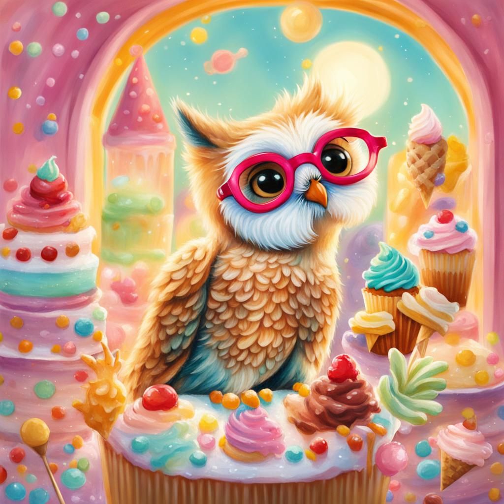 Owl in Ice Cream Shop: Whimsical Illustration
