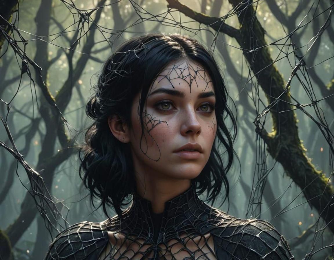 Spiderweb Hair Girl: Detailed Matte Painting