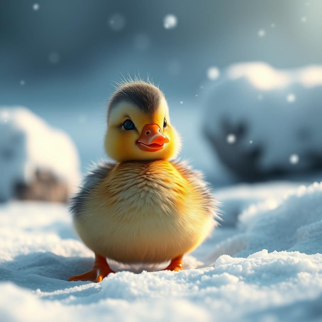 Happy Duckling in Snow: Detailed Digital Painting