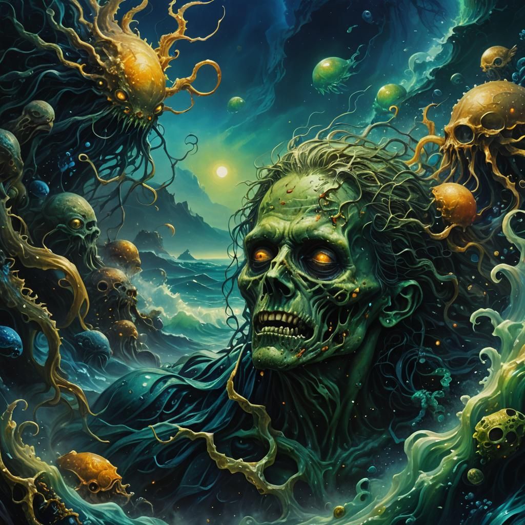 Zombie Decomposition in Bioluminescent Ocean: Fantasy Art