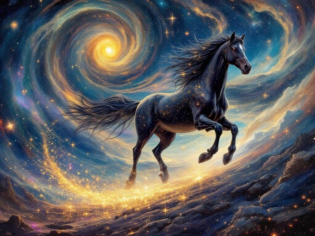 Friesian Horse Galloping Through Surreal Galaxy Landscape