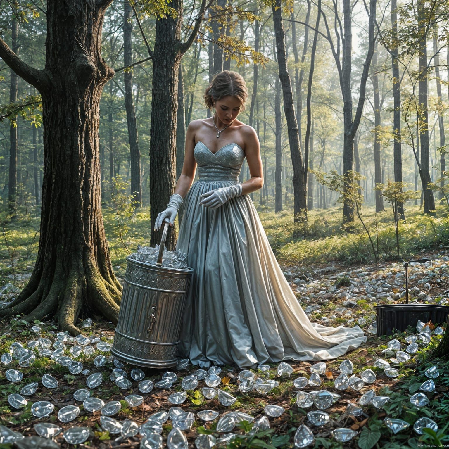 Hyperrealistic Woman Collecting Diamonds in Forest