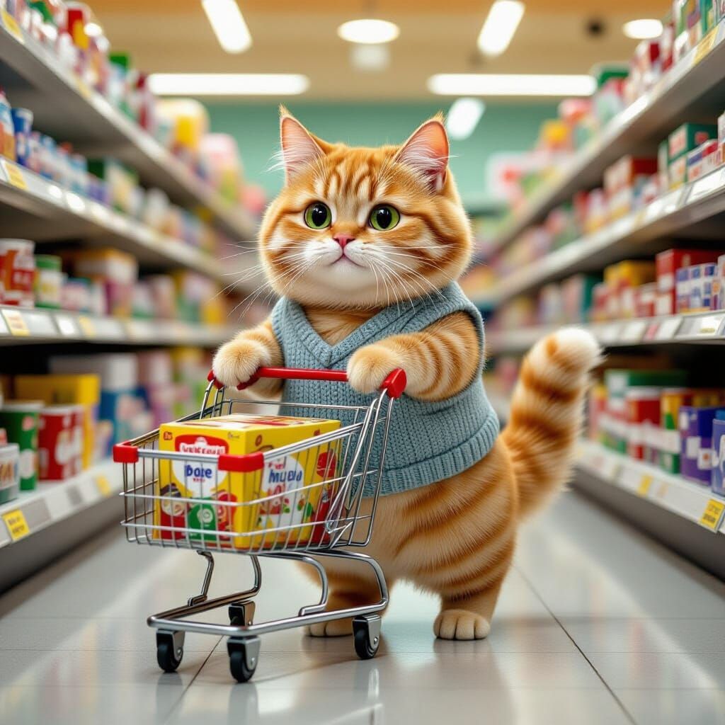 Anthropomorphic Cat Pushing Cart in Cartoon Supermarket