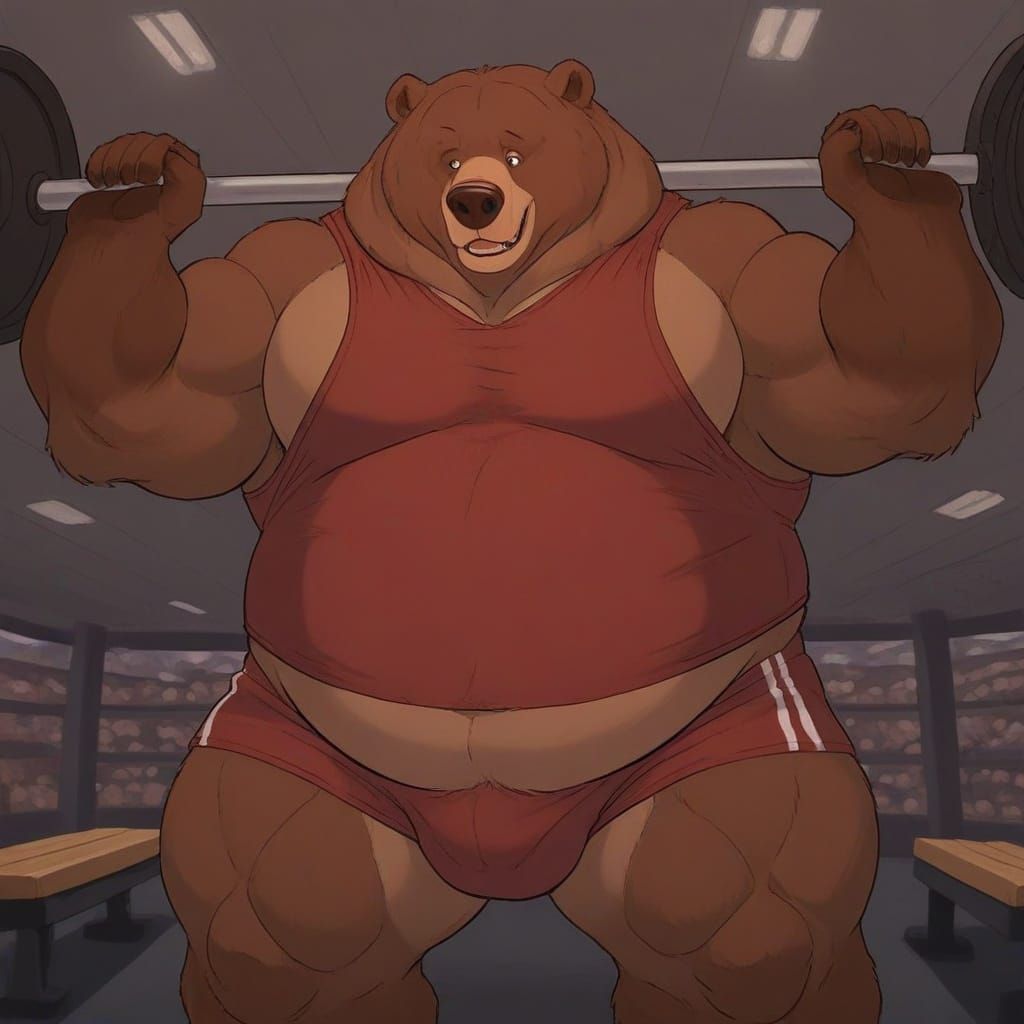 Muscular Bear Weightlifter Bench-Pressing Massive Weight