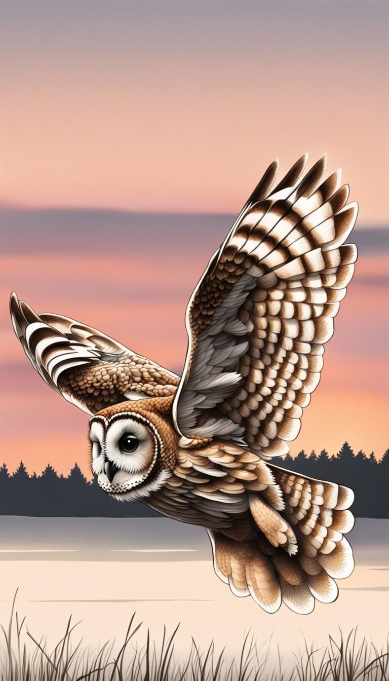 Hyper-Realistic Sketch of Tawny Owl at Sunset