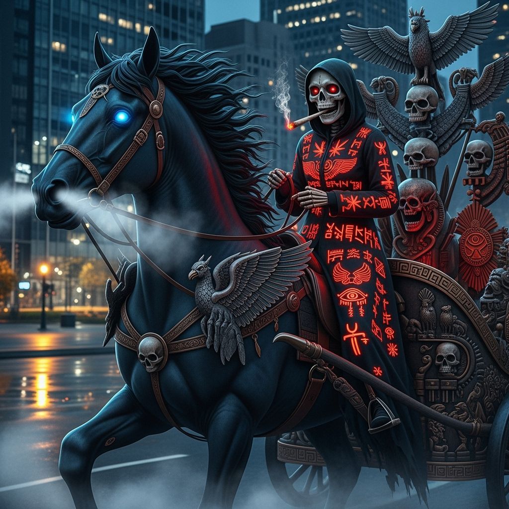 Grim Reaper on Demonic Horse in Modern City
