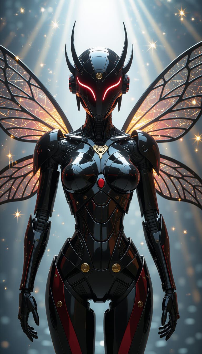 Futuristic Robot with Biomechanical Details and Fairy Wings
