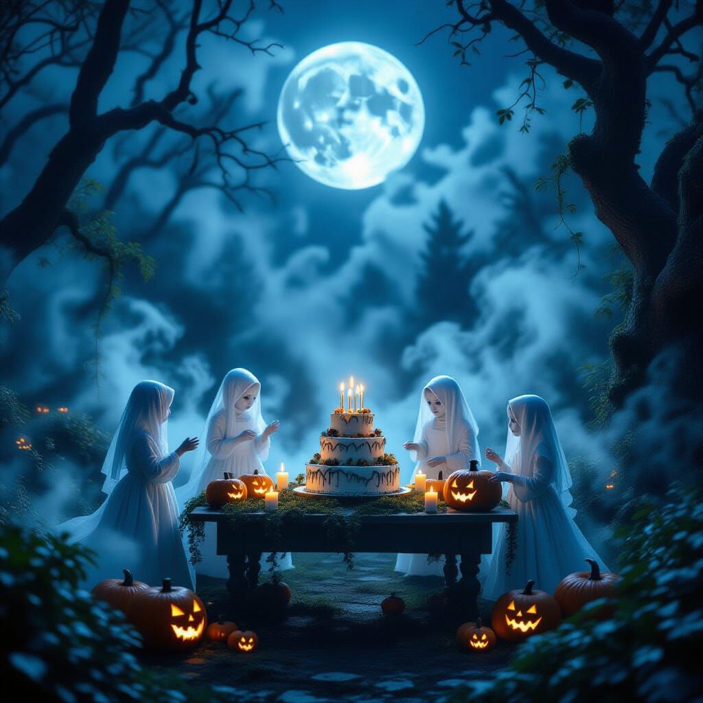 Ghost Children's Spooky Birthday Party in Foggy Moonlit Gard...