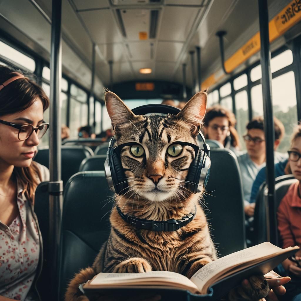 Cat on Bus with Headphones: Cinematic Still