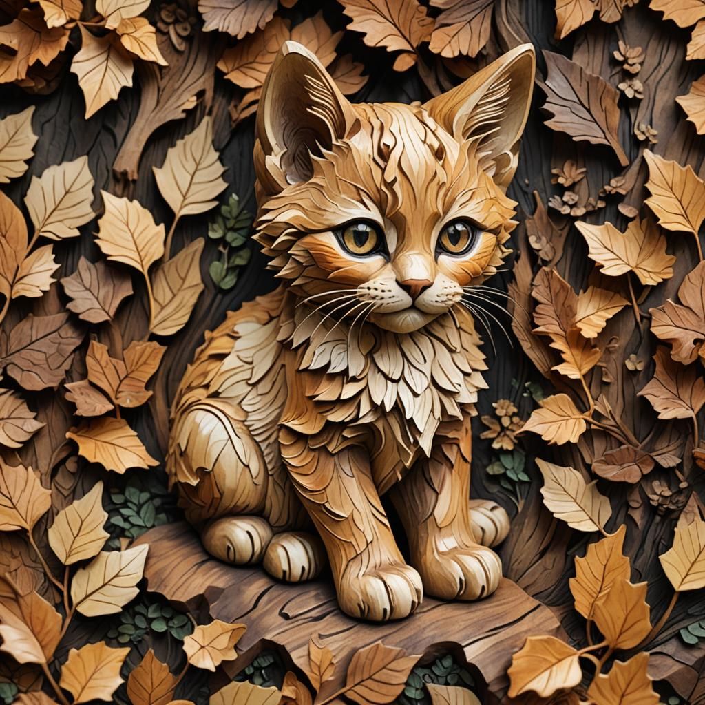 Whimsical Wood Carving: Kitten with Amber Eyes
