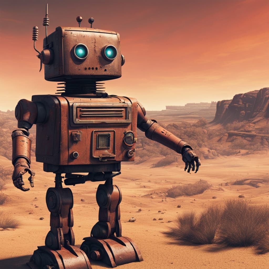 Retrofuturistic Rusty Robot in Cinematic Sci-Fi Style