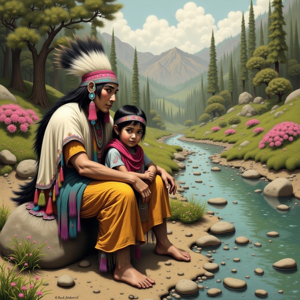 Coyote and Grandson Kaknu in Ohlone Attire