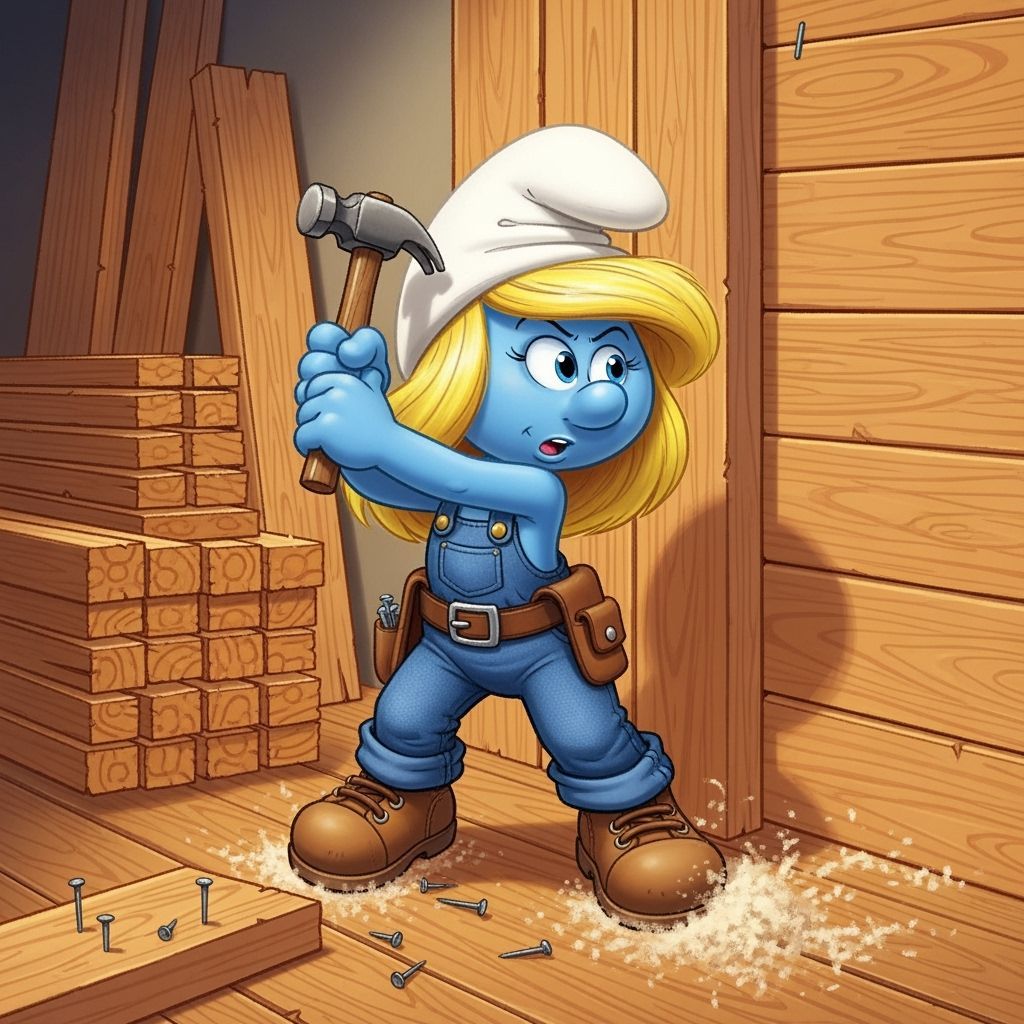 Smurfette Builds a Wall: A Whimsical Comic Art Scene