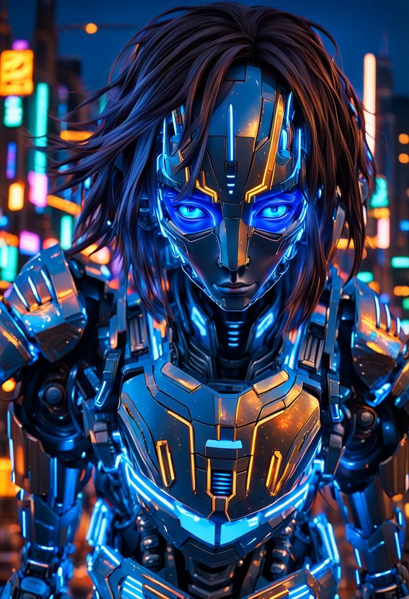 Detailed Mecha Robot in Neon Cityscape