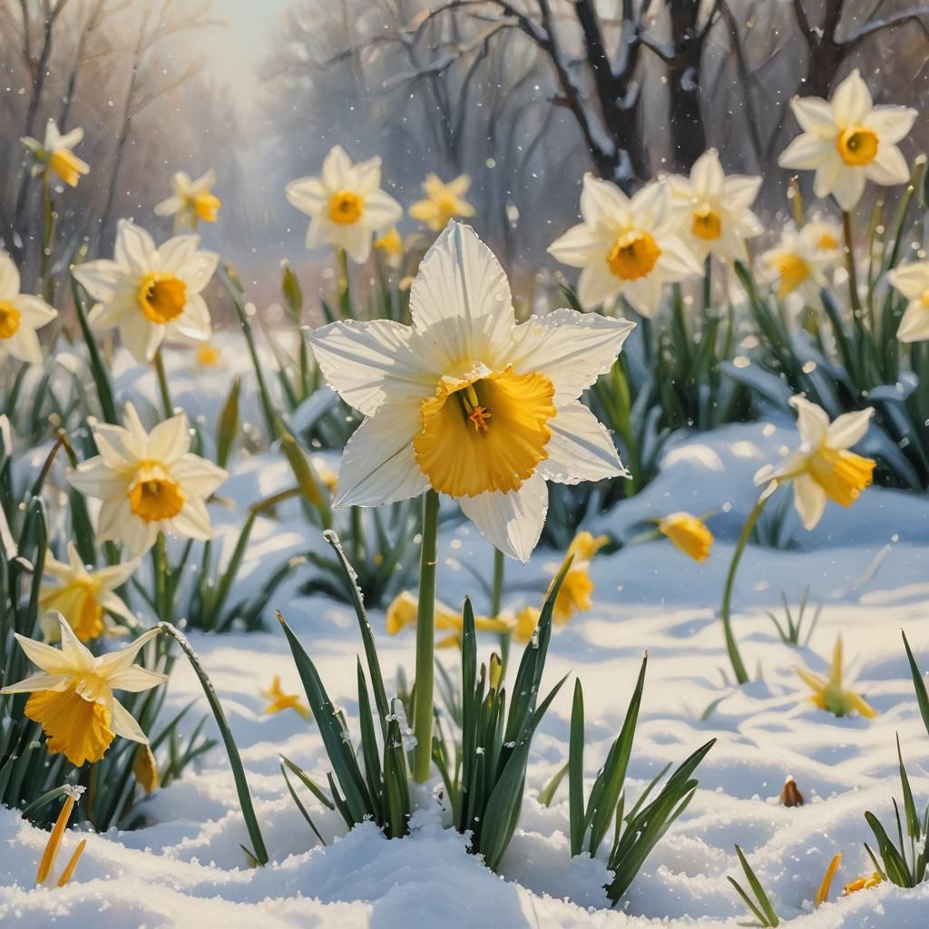 Daffodil in Snow: An Impressionist Oil Painting