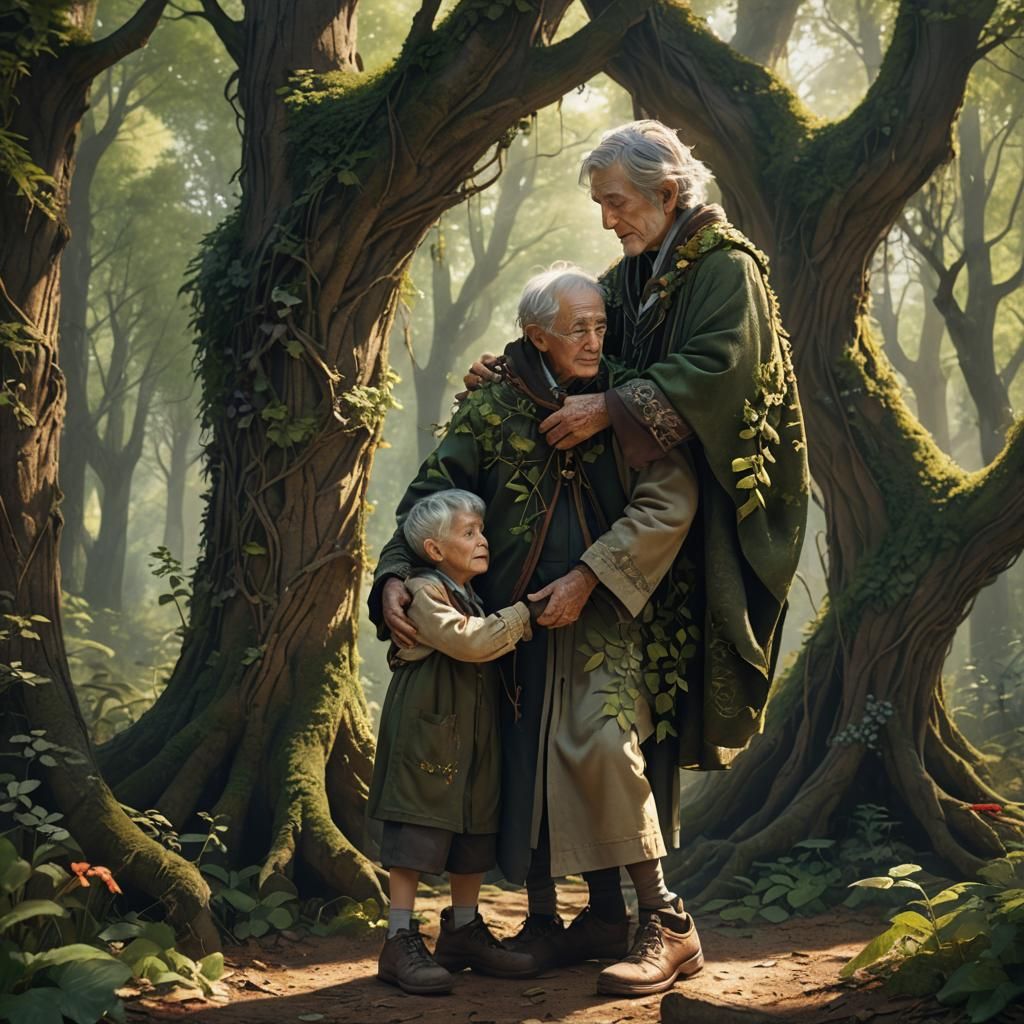 Boy and Elderly Man Embrace in Mystical Forest