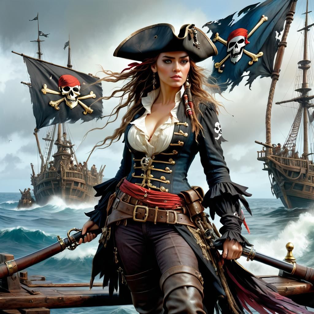 Pirate Woman with Muskets on Raft