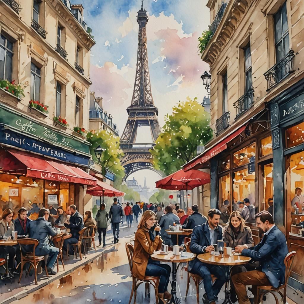 Paris Coffee House Watercolor Painting