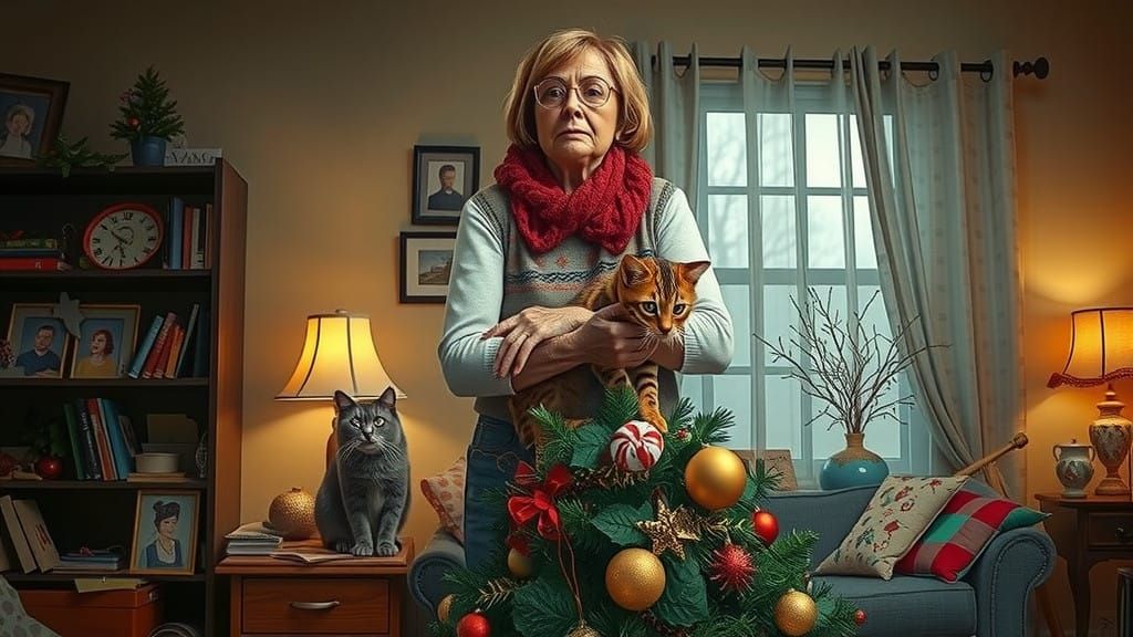 Warm Christmas Scene with a Curvy Woman and Two Adorable Cat...