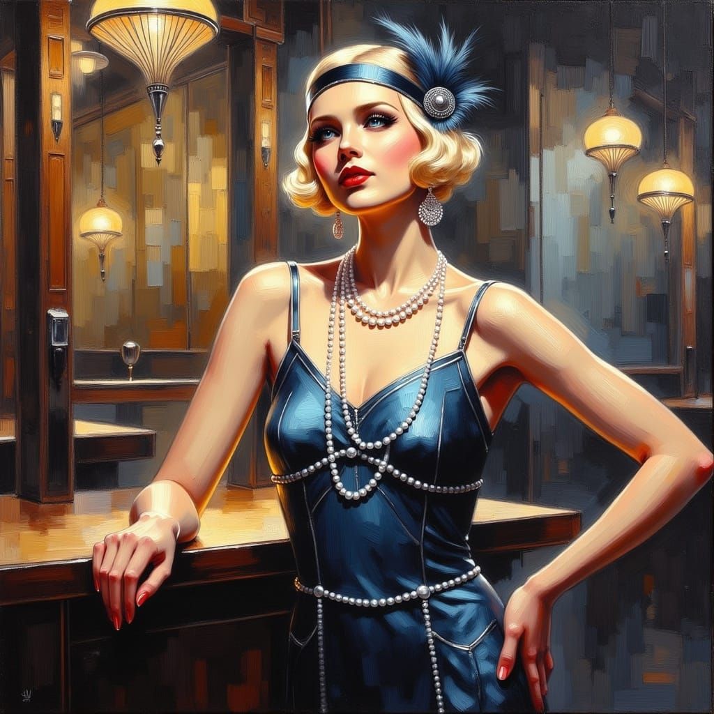 Blonde Flapper in Speakeasy, Impressionistic Oil Painting