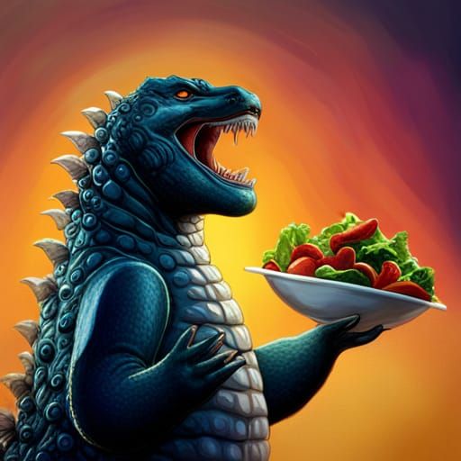 Hyperrealistic Godzilla Laughing and Eating Salad