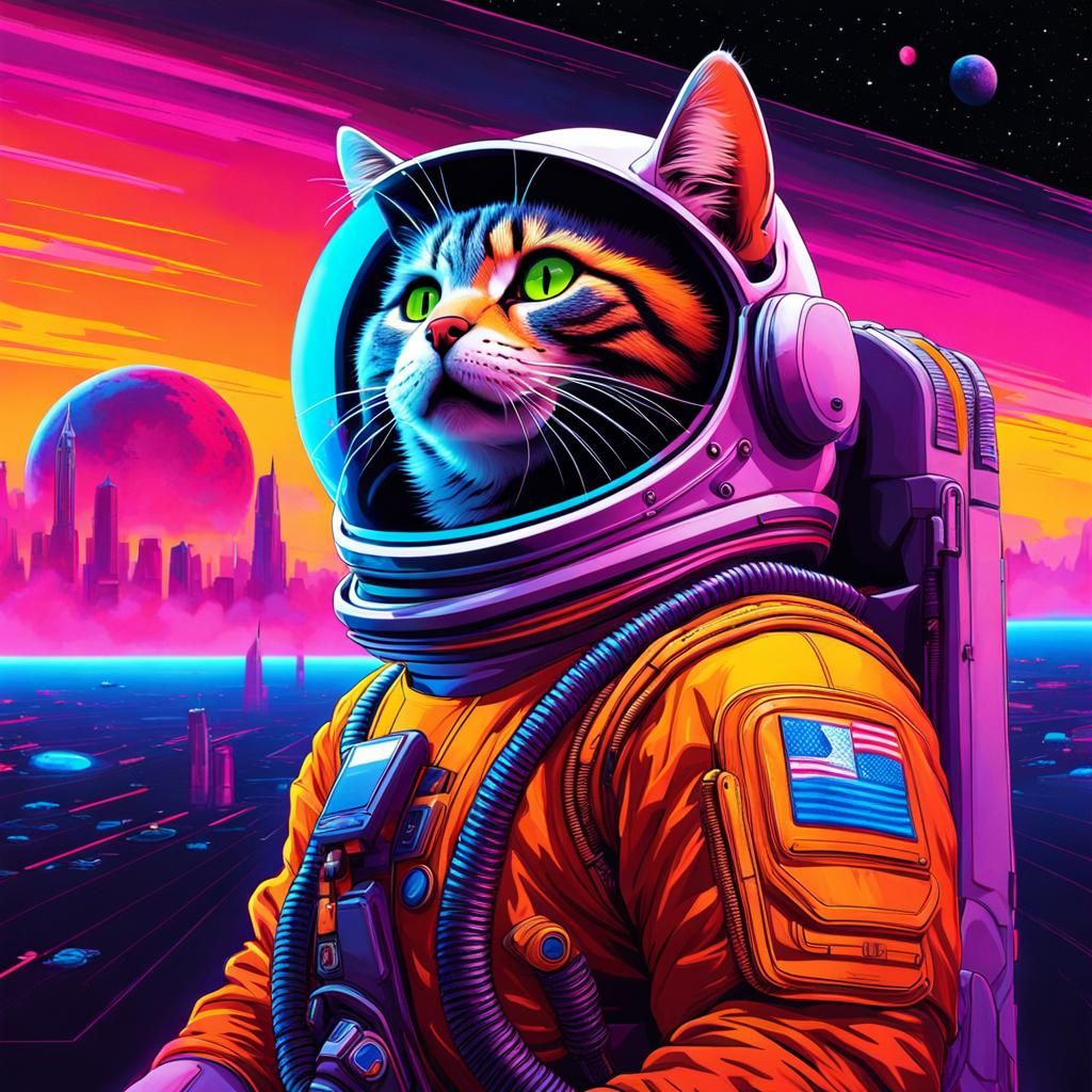 Cyberpunk Cat in Spacesuit on Alien Planet