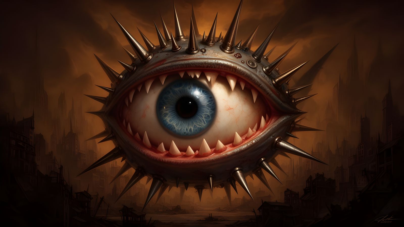 Ominous Eyeball Monster Over Desolate Cityscape