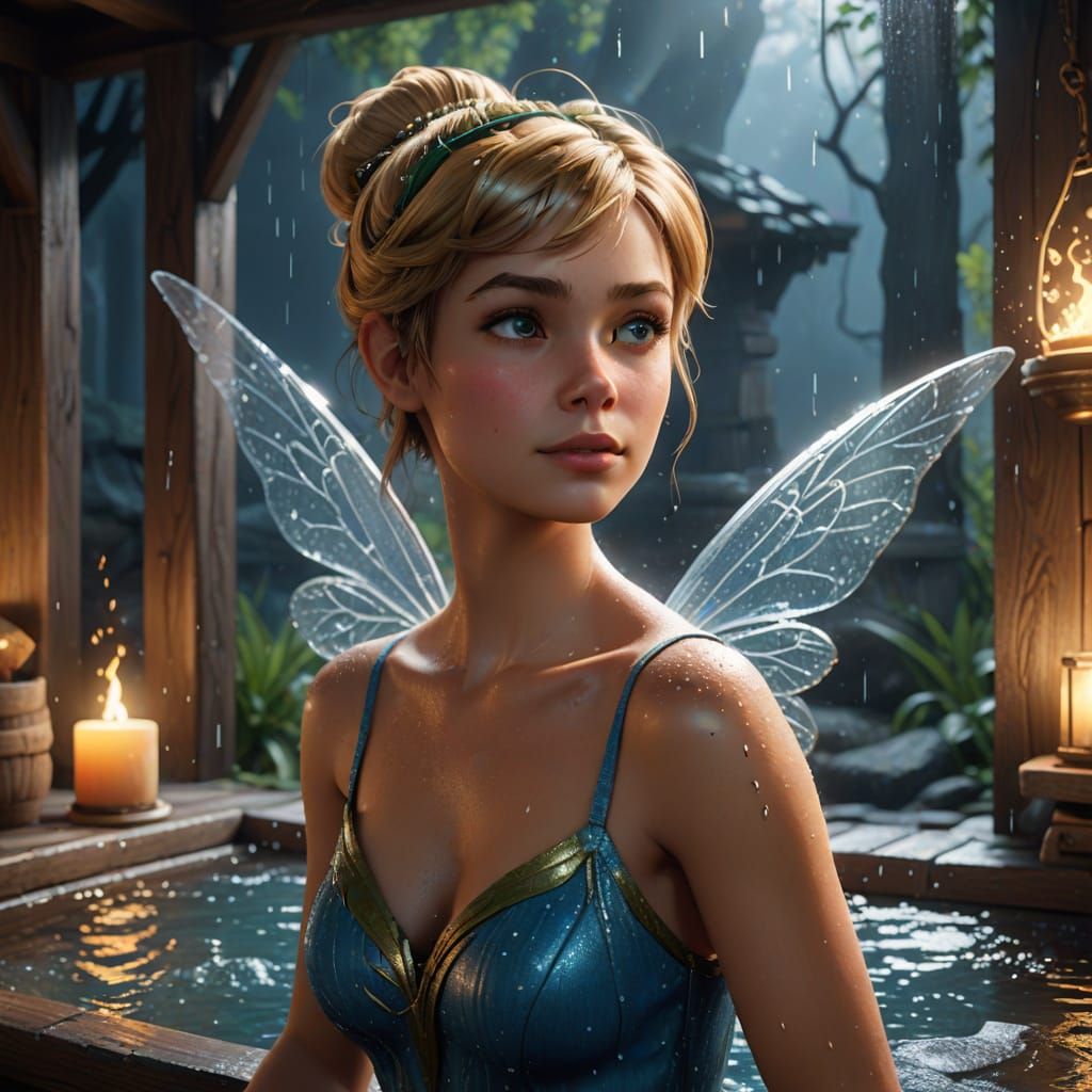 Tinkerbell in a Misty Sauna: Vibrant Oil Painting