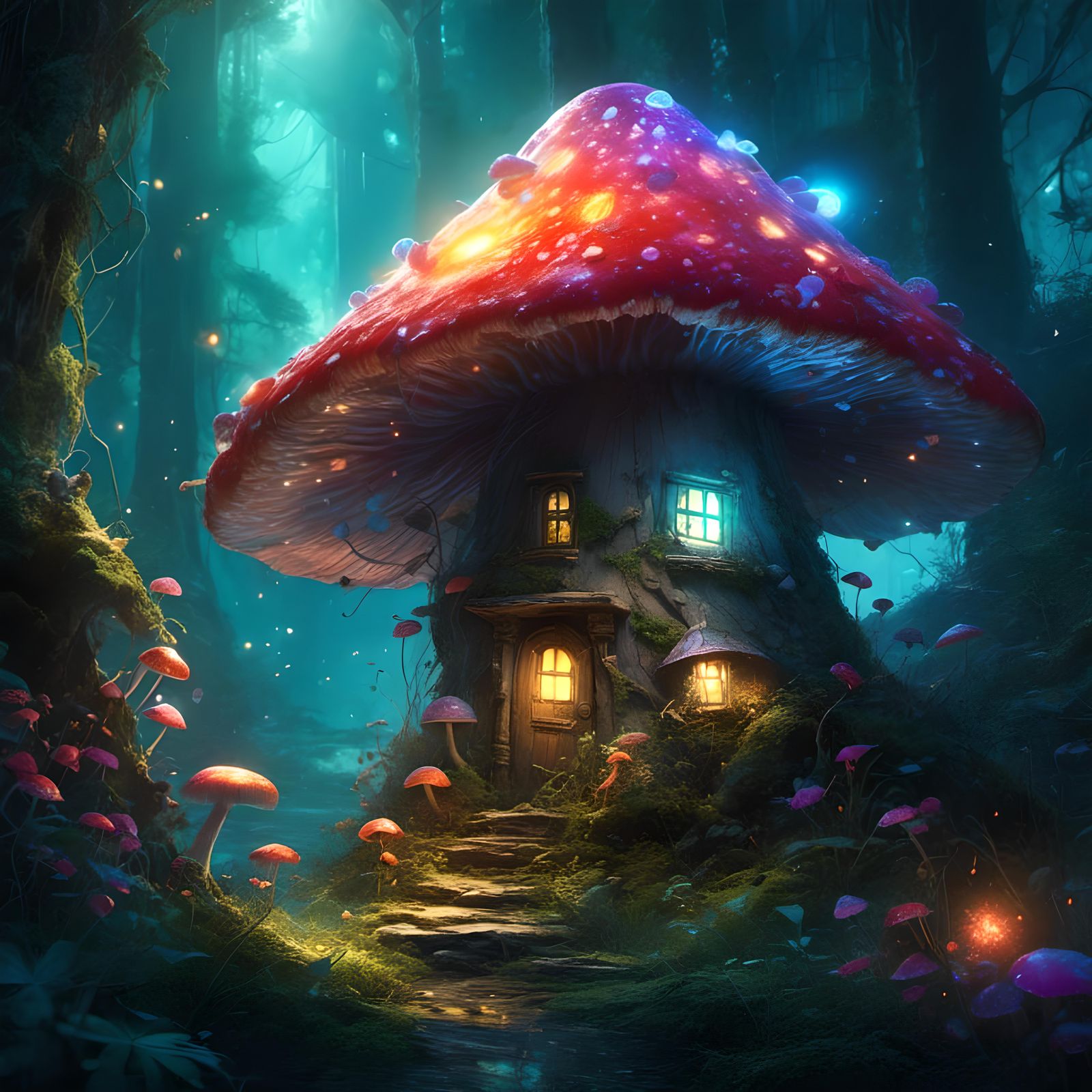 Enchanted Fairy Mushroom House in Bioluminescent Forest