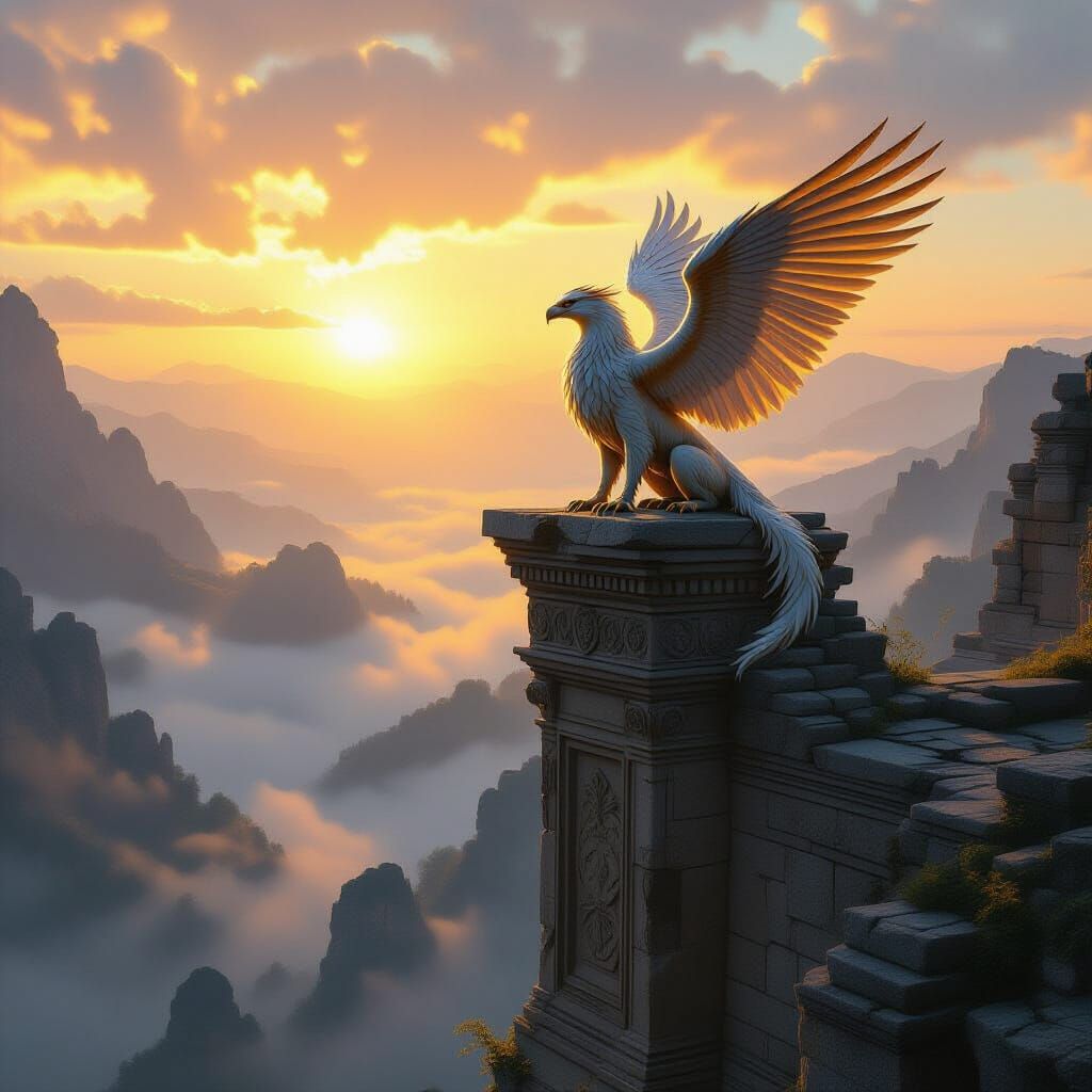 Majestic Griffin Overlooking Misty Valley at Dawn